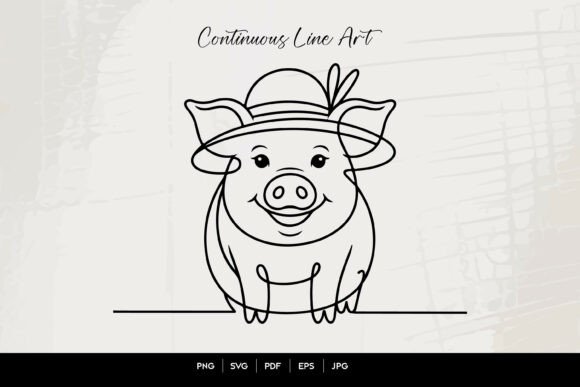 Cute Pig Wearing Hat Single Line Art for Graphics and Crafts