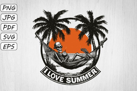 I Love Summer Skeleton Hammock Clipart for Crafts and Graphics